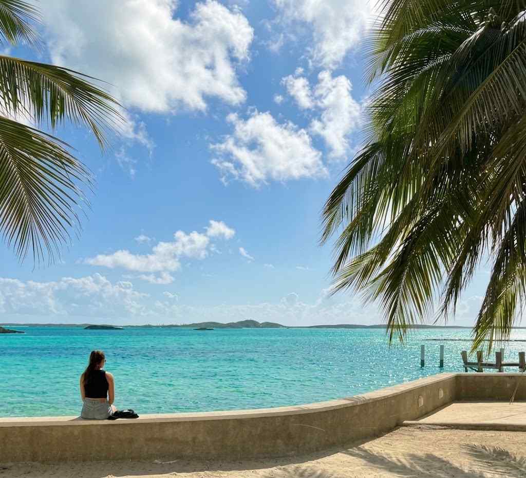 A person on the seawall looking across Elizabeth Harbour with palms.