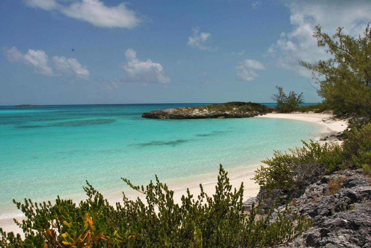 Turquoise water fills a cove beside a pale sand beach, with green scrub on a rocky point.